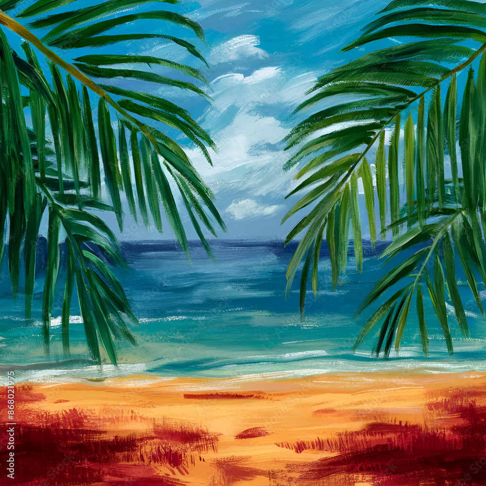 Fototapeta premium Use curved lines to create the trunks and fronds of the palm trees,Make sure to vary the lengths and angles of the fronds to add realism.
