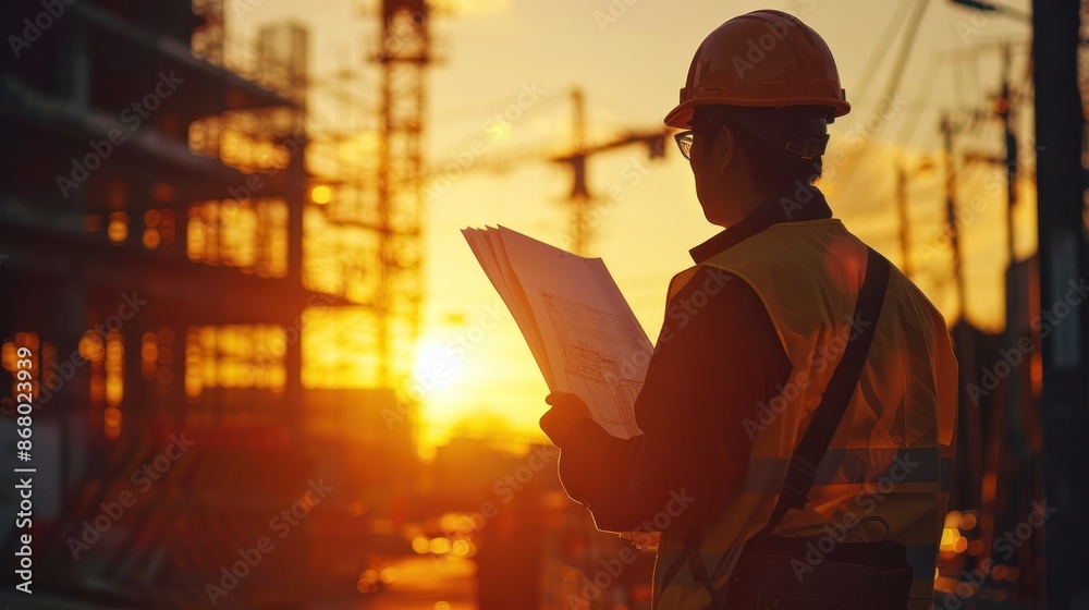 Fototapeta premium Business engineers in silhouette, searching for blueprints through blurry construction sites at sunset.