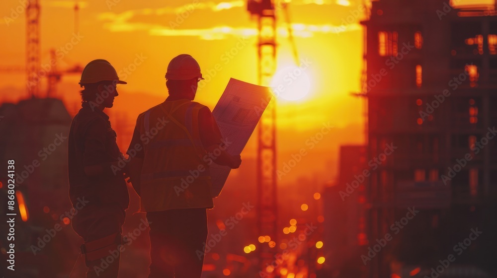 Business engineers in silhouette, searching for blueprints through blurry construction sites at sunset.