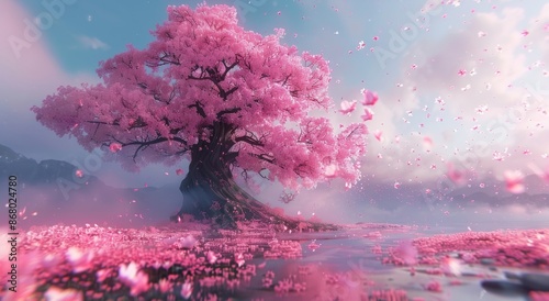 Pink Cherry Blossom Tree In A Mountain Meadow