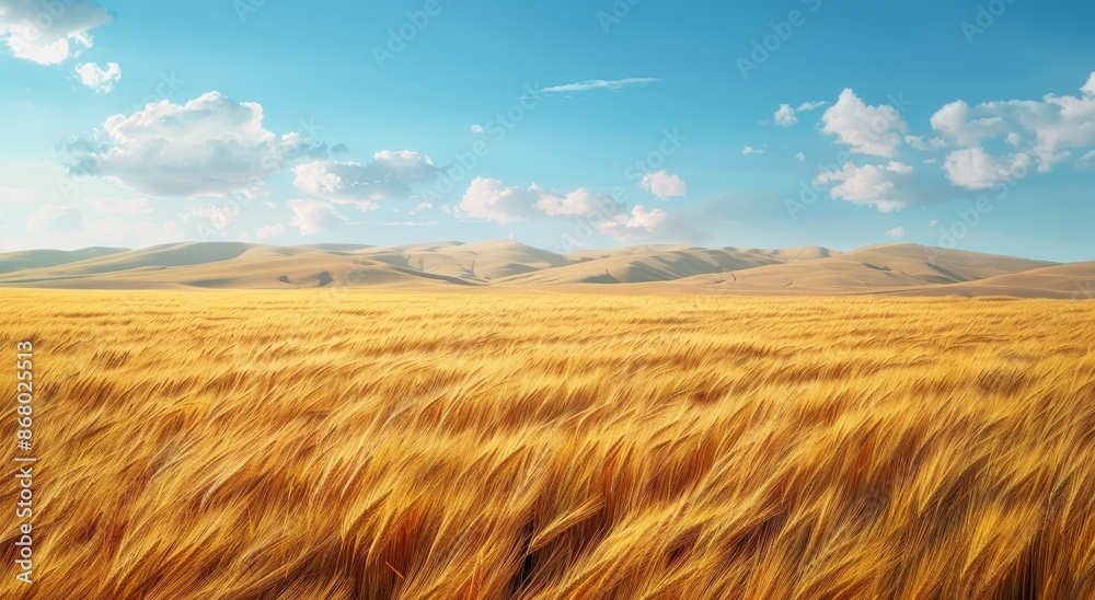 Obraz premium Expansive Golden Wheat Field Under a Blue Sky With White Clouds in a Rural Landscape