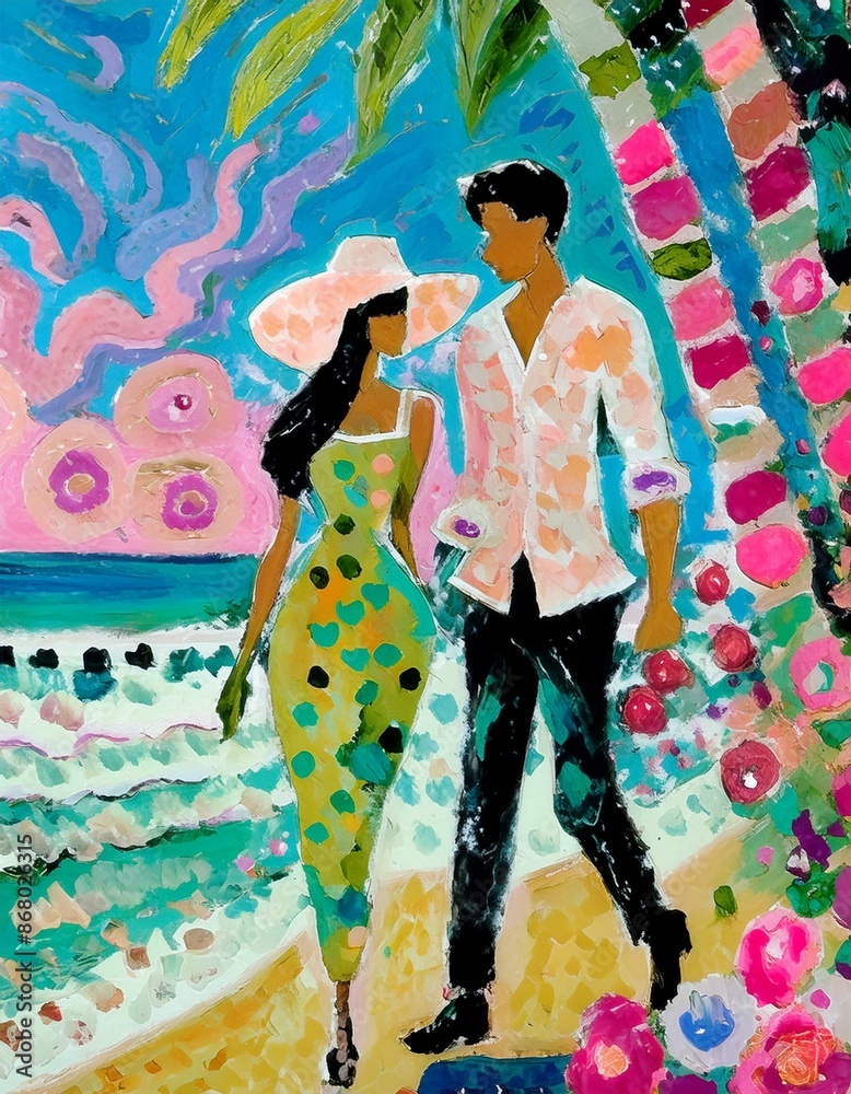 Fototapeta premium Woman and man walking together on a colorful tropical beach.