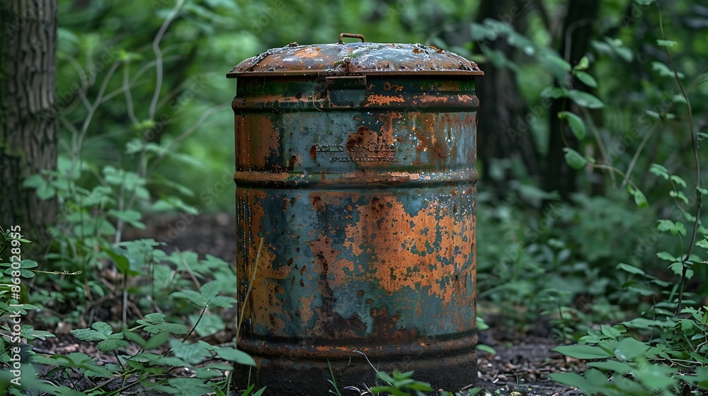 An old rusted metal barrel sits in the middle of a lush green forest. An old rusted metal barrel sits in the middle of a lush green forest.