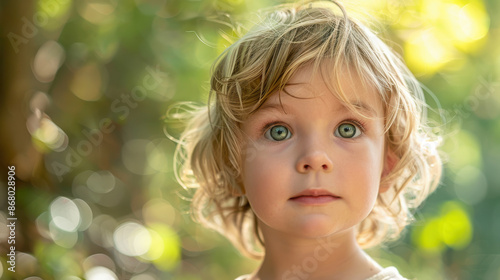 a young child with a thoughtful expression, slightly tilted head, and curious eyes