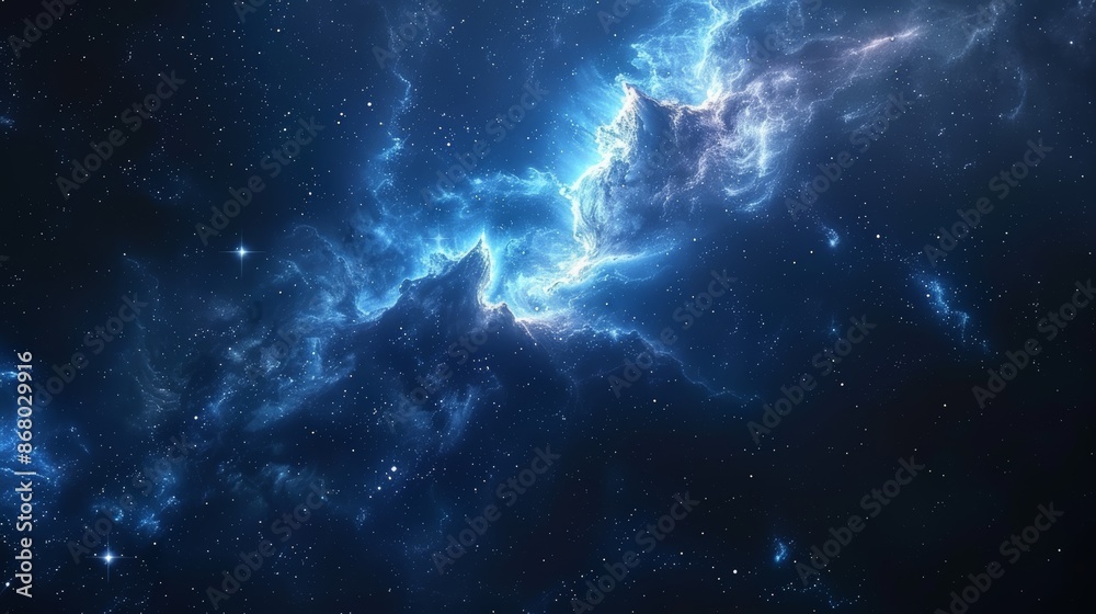 Fototapeta premium Abstract blue nebula with glowing light, cosmic space background.