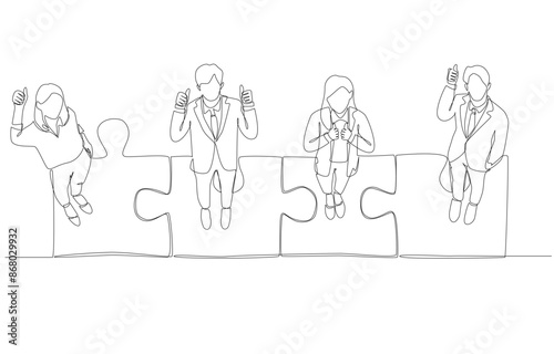 Continuous one line drawing of businesspeople celebrating with successful jigsaw pieces connection, work success through collaboration concept, single line art.
