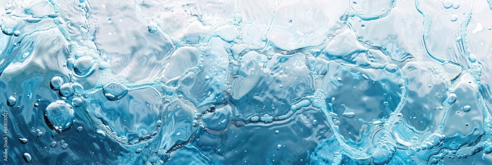 Rippled clear blue water with bubbles background. Transparent aquatic surface texture