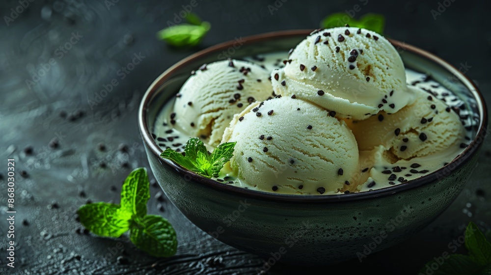 Bowl of vanilla ice cream with chocolate chips and mint leaves, close-up view. Refreshing dessert concept Bowl of vanilla ice cream with chocolate chips and mint leaves, close-up view. Refreshing dessert concept