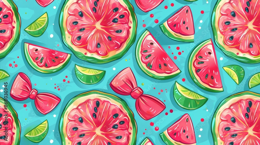 Fototapeta premium Watermelon and lime slices with pink bows on a blue background.