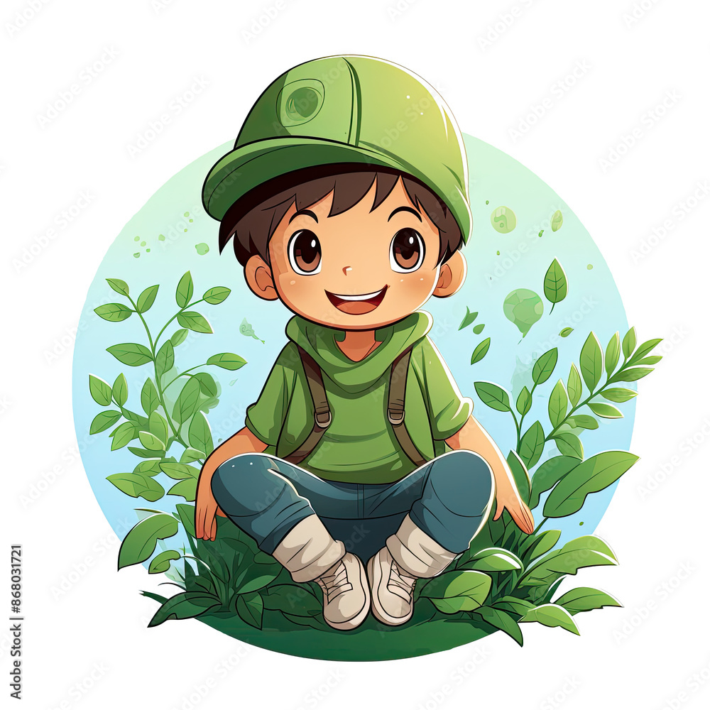 an illustration of a boy sitting with green plants an illustration of a boy sitting with green plants