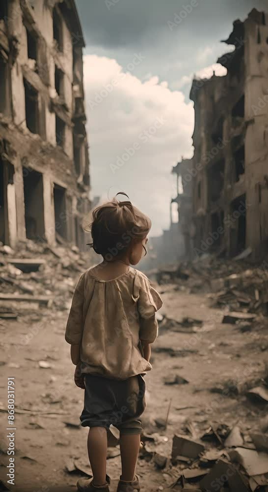 A shabby and dirty child stands still, facing away, in the ruins of a war-torn city A shabby and dirty child stands still, facing away, in the ruins of a war-torn city
