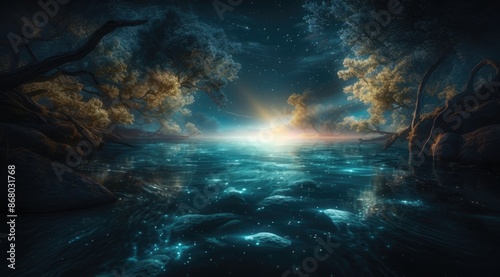 Beautiful landscape with moon, star, river, sky and trees fantasy background generated AI