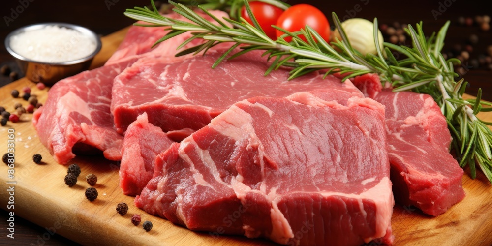Raw Steak with Rosemary and Spices on a Wooden Board Raw Steak with Rosemary and Spices on a Wooden Board