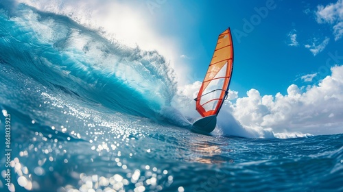 Windsurfer jumping off a wave with clear blue sky, capturing action and freedom, focus on, highflying adventure, dynamic, composite, tropical waters backdrop