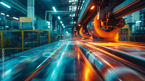 Highspeed printing press producing magazines, showcasing speed and productivity, focus on, media production, dynamic, overlay, editorial office backdrop