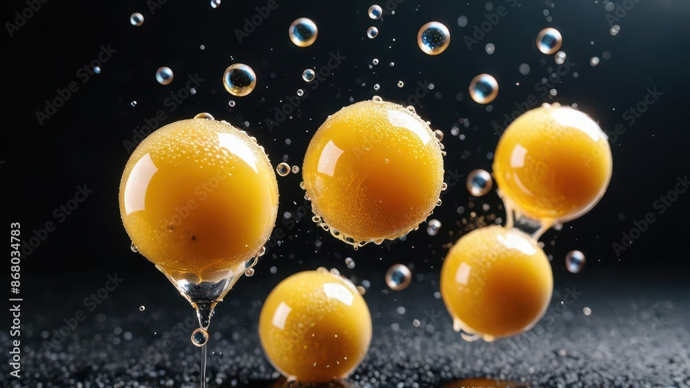 Golden Spheres Floating in Water with Bubbles Golden Spheres Floating in Water with Bubbles