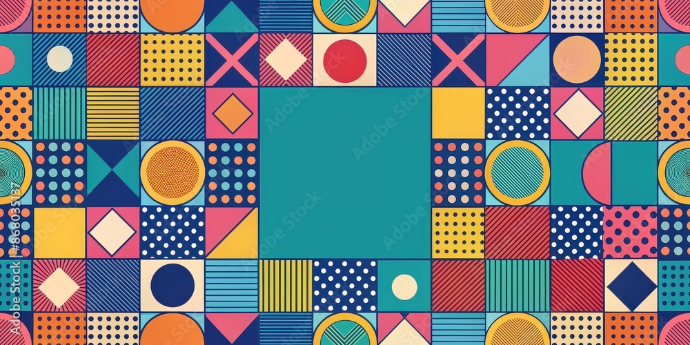 Obraz premium Colorful Memphis geometry pattern with circle and square shapes on a stylish background, Memphis, geometry, patterns
