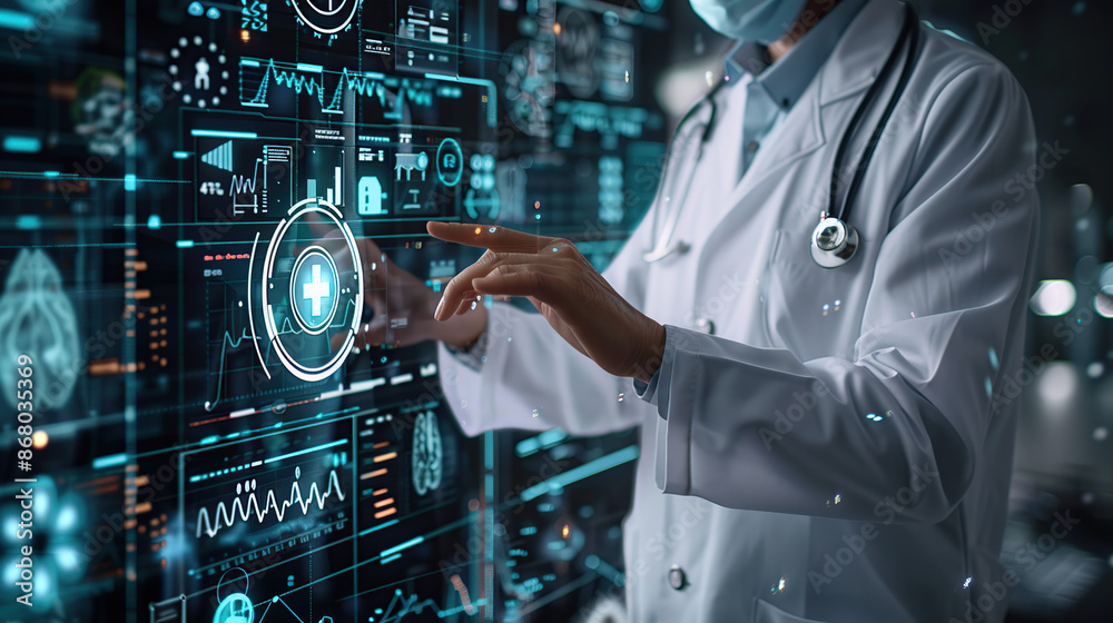 The doctor is touching the virtual screen The doctor is touching the virtual screen