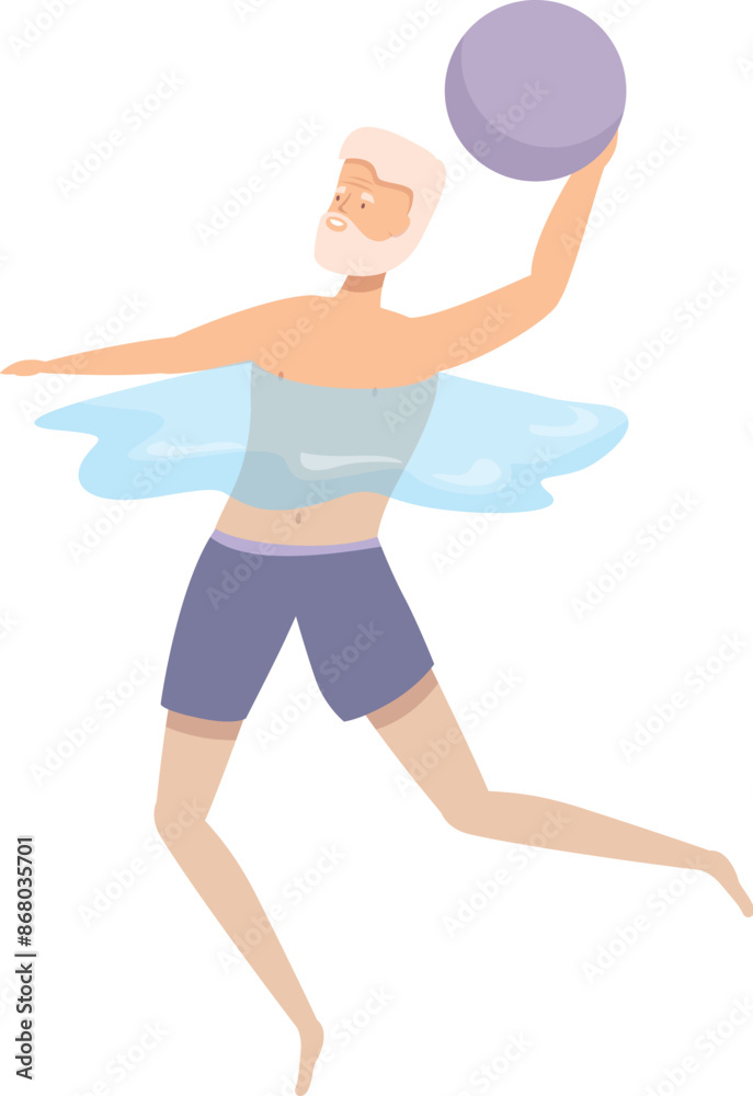 Senior man playing water polo having fun in swimming pool illustration