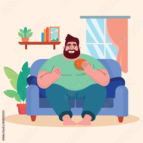 illustration of a fat person who likes to eat and is lazy, preferring to spend time at home