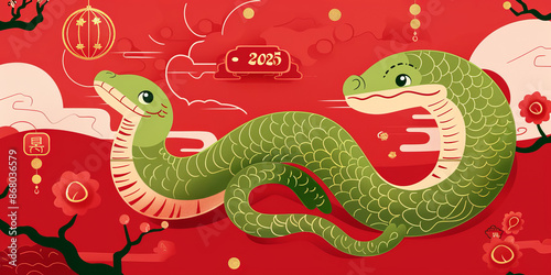 Wooden snake illustration for 2025 zodiac event, featuring festive oriental design, symbolizing prosperity and traditional Chinese New Year celebration.
