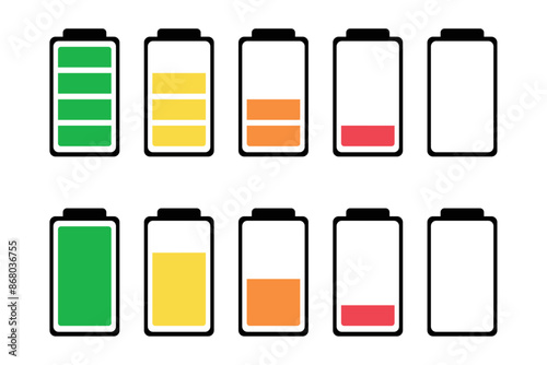  Battery vector icon set, Battery charge various color flat icons, full and empty battery vector icon set, level battery energy, battery level show