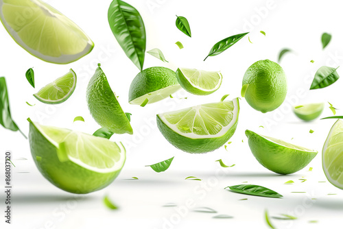 Fresh lime fruits and slices with leaves falling in mid-air.