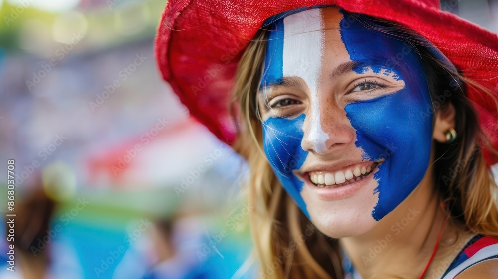 Happy French woman supporter with face painted in French flag colors, blue white and red, fan at a sports event such as football or rugby match, blurry stadium background and copy space. Happy French woman supporter with face painted in French flag colors, blue white and red, fan at a sports event such as football or rugby match, blurry stadium background and copy space.