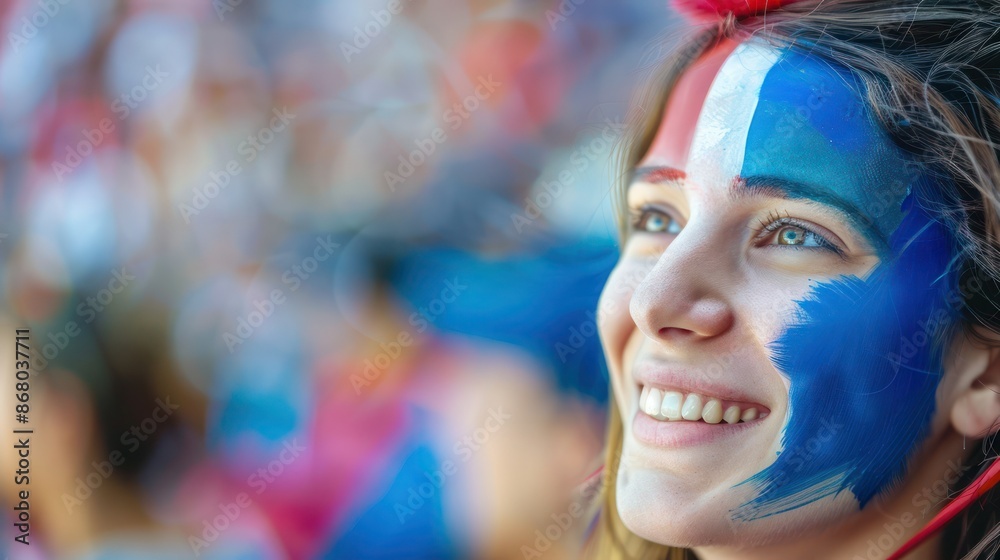 Happy French woman supporter with face painted in French flag colors, blue white and red, fan at a sports event such as football or rugby match, blurry stadium background and copy space. Happy French woman supporter with face painted in French flag colors, blue white and red, fan at a sports event such as football or rugby match, blurry stadium background and copy space.