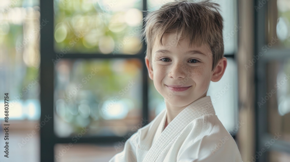 Happy European boy at Judo or Karate training lesson looking at camera. Happy European boy at Judo or Karate training lesson looking at camera.