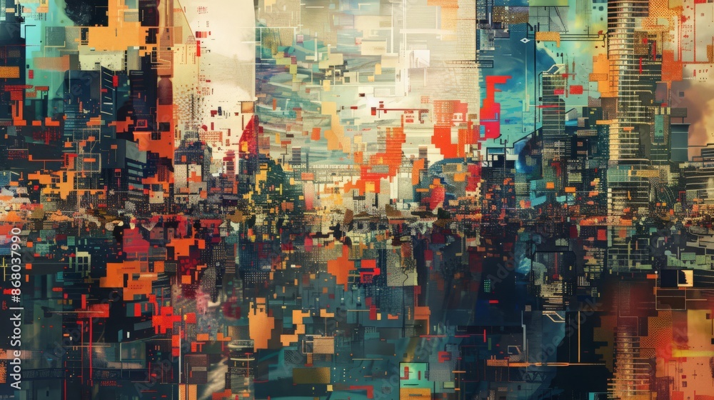abstract portrayal of a bustling metropolis, with overlapping shapes and a diverse color palette. abstract portrayal of a bustling metropolis, with overlapping shapes and a diverse color palette.