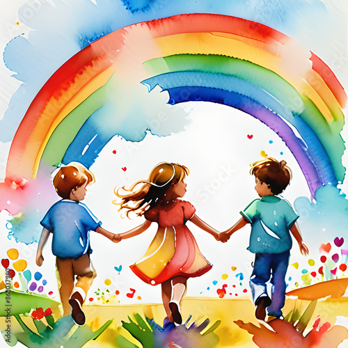 Whimsical Children's Day: Watercolor Art of Joyful Expression photo