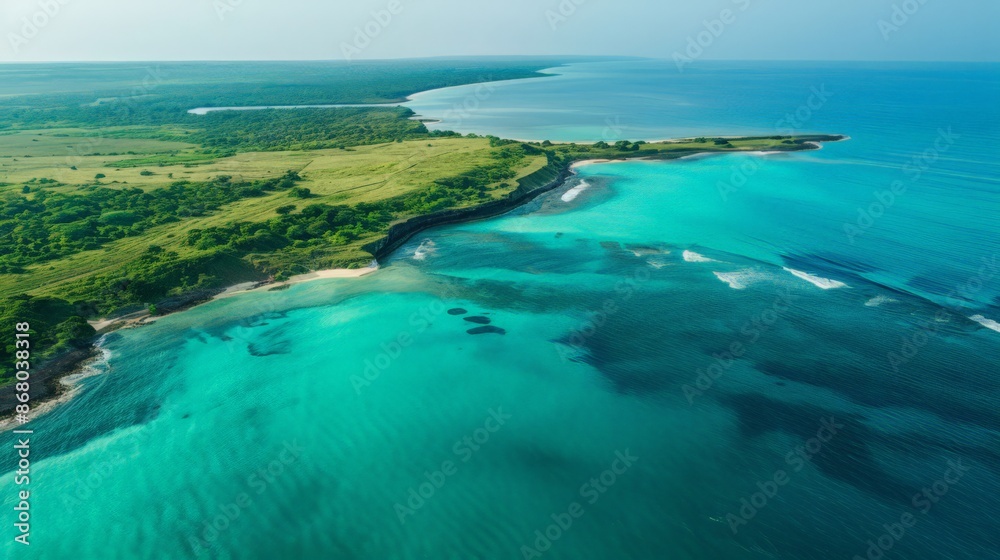 Obraz premium aerial shot of a serene coastline, with turquoise waters gently meeting sandy beaches.