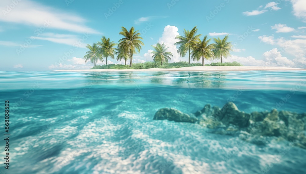 Aesthetic wallpaper featuring clear blue water and a tropical island backdrop Aesthetic wallpaper featuring clear blue water and a tropical island backdrop