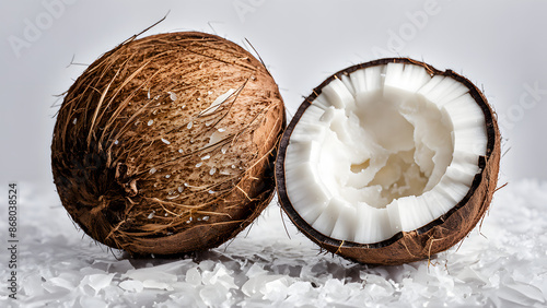 A close-up image of a coconut, one half whole and the other half open, revealing the white flesh inside, with salt flakes.