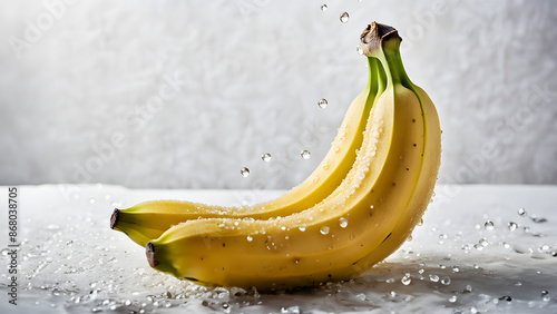 A close-up image of fresh bananas with water droplets on them, highlighting their vibrant yellow color and freshness.