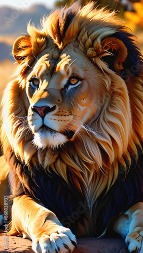 Casual Lion Basking in Golden Sunlight: A Photorealistic Nature Scene photo