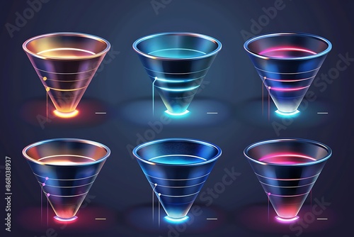 A set of sleek, metallic funnel chart icons with a futuristic holographic effect © Ghulam