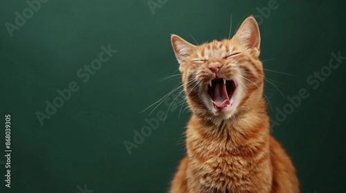 A photo of a cat jolly playing harmonica, isolated on a dark green background