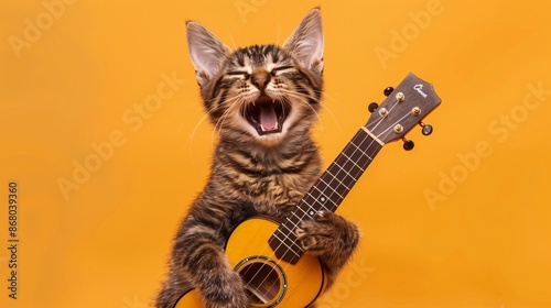 A photo of a cat delighted playing ukulele, isolated on a light orange background
