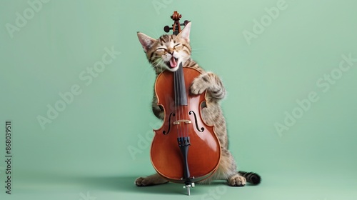 A photo of a cat elated playing cello, isolated on a light green background