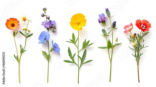 Fototapeta Naklejka Na Ścianę i Meble -  The image shows five different colored flowers in bloom arranged in a vertical line against a white background.