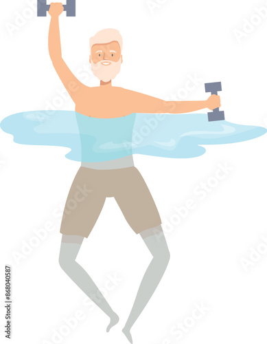 Senior man enjoying water aerobics, lifting dumbbells in the swimming pool