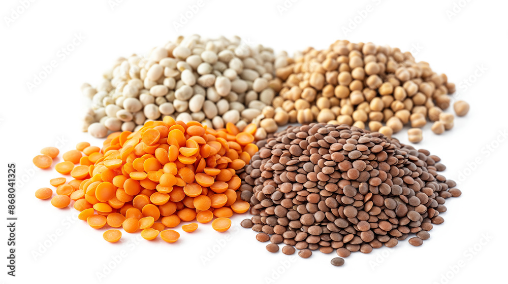 Red and brown lentils, chickpeas, and white beans are legumes that contain a lot of protein and are located isolated on a transparent background Red and brown lentils, chickpeas, and white beans are legumes that contain a lot of protein and are located isolated on a transparent background
