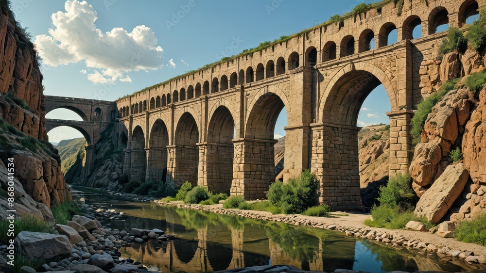 Obraz premium Ancient Stone Bridge Over River With Reflections.
