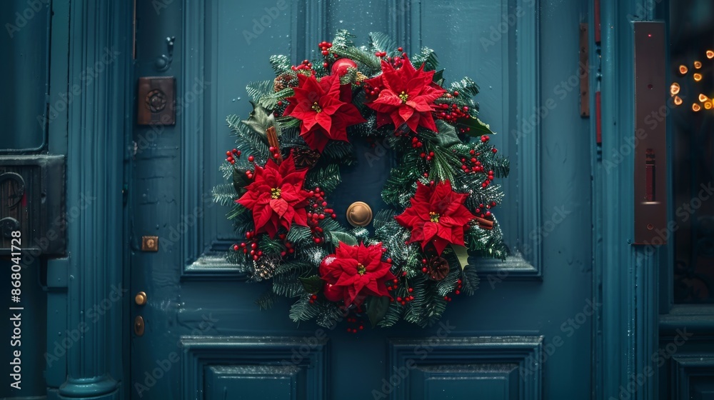 Banner background of Church Day theme banner design for microstock, no text, and wide copy space, [Christmas Wreath: A Christmas wreath hanging on a church door]