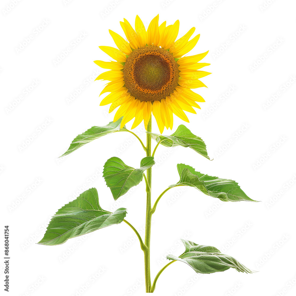 Fototapeta premium Single Sunflower with Green Leaves isolated on white background