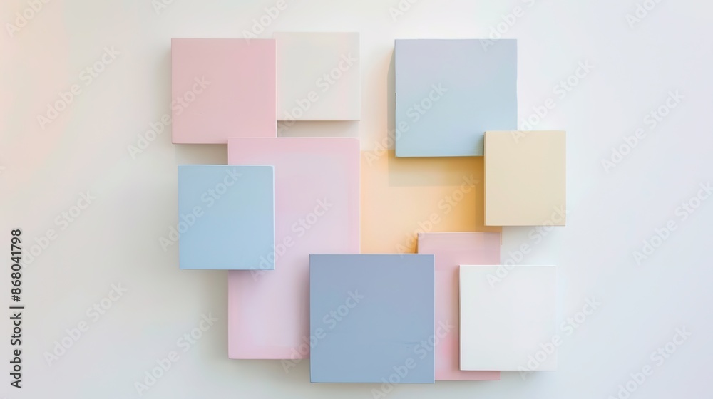 Pops of Pastel: Modern Artistic Square Arrangement on White Wall Pops of Pastel: Modern Artistic Square Arrangement on White Wall
