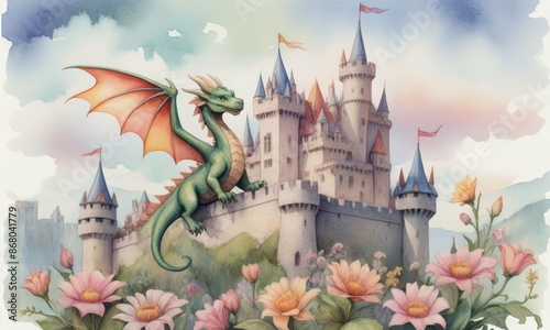 Vibrant dragon with colorful wings soars over a fairytale castle with conical towers, surrounded by blooming flowers, under a beautifully painted sunset sky