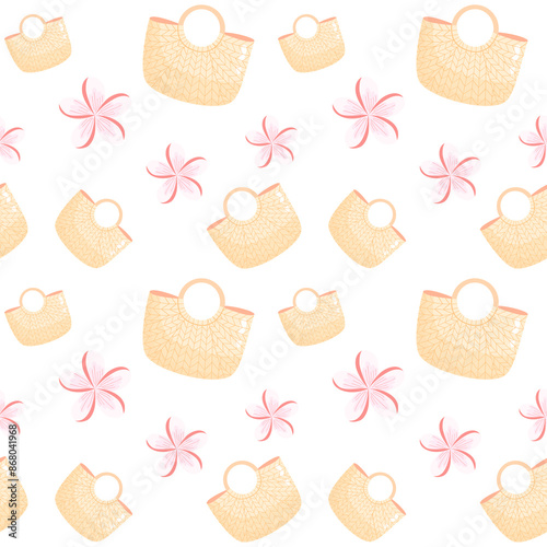 seamless background with plumeria and beach bag